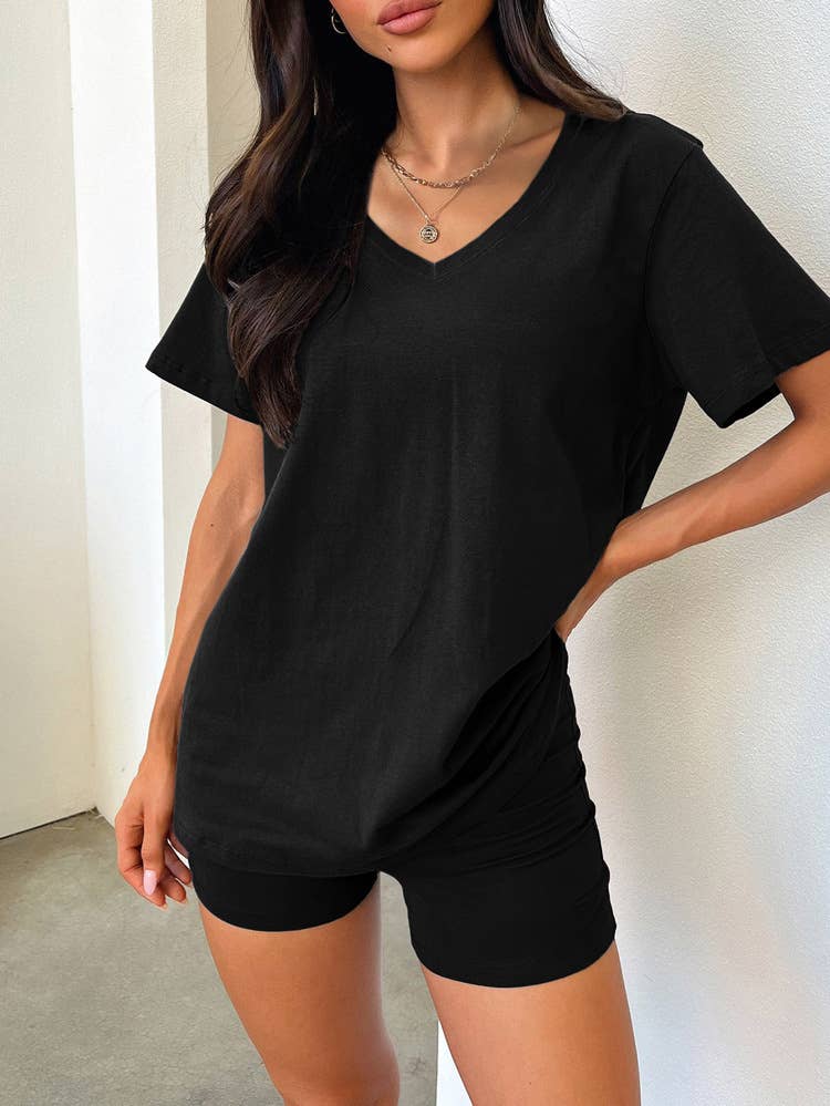 V-Neck Casual Plain T-Shirt And Shorts Set