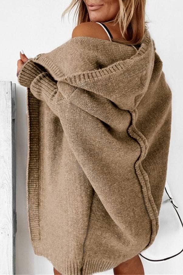 Plain exposed seam Hooded knit long cardigan coat