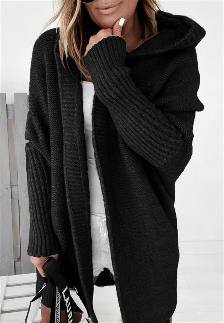 Plain exposed seam Hooded knit long cardigan coat
