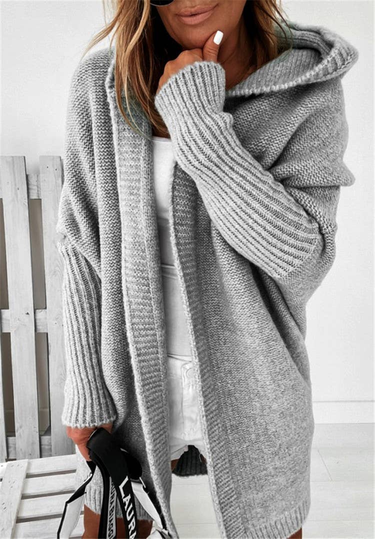 Plain exposed seam Hooded knit long cardigan coat