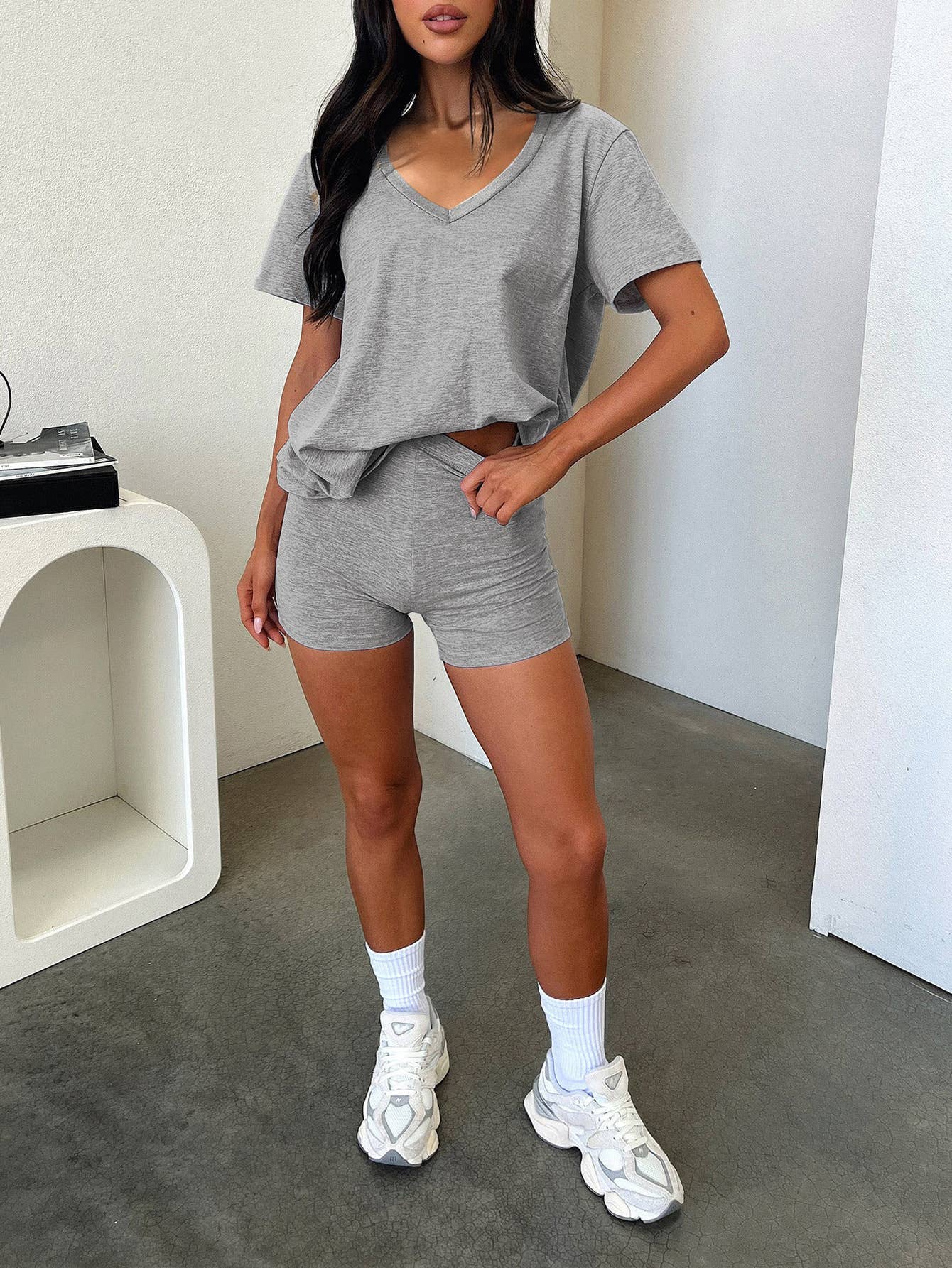 V-Neck Casual Plain T-Shirt And Shorts Set